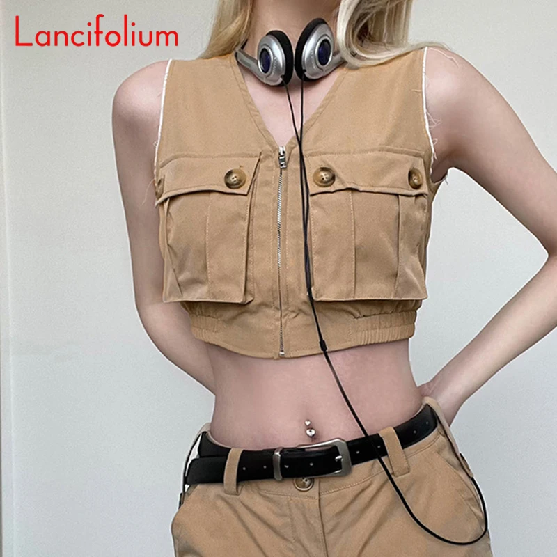 

Summer Women Streetwear MOTO Blouses Sleeveless Vneck Big Pocket Crop Top Zipper Elastic Hem Hotsweet Sexy Vintage Cargo Shirts