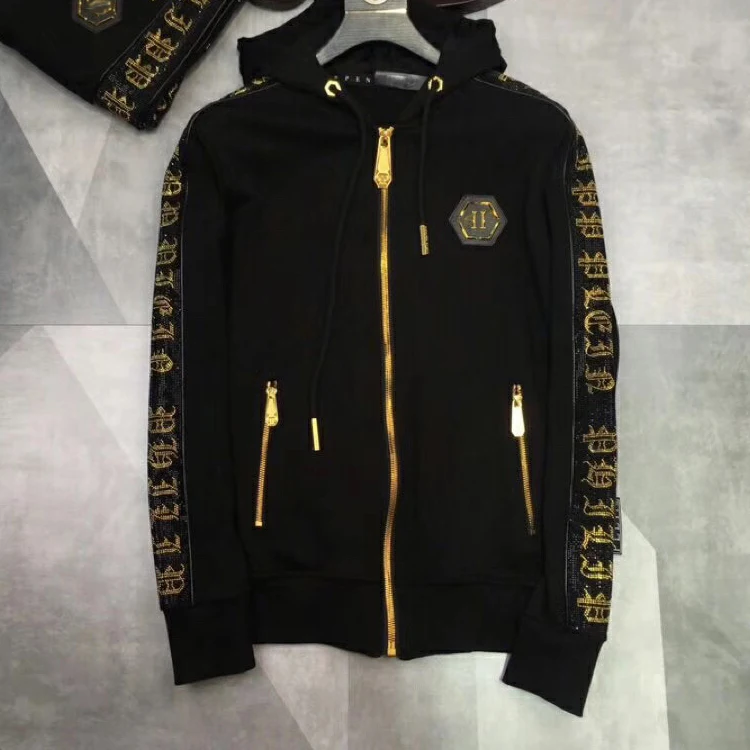 

Sweatshirt Men's Gold Letters PP Hot Rhinestone PLEIN Trend Fashion Hooded Cardigan Slim Cotton Top Jacket New