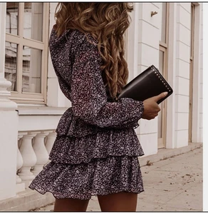 Women Mini Party Vestidos Floral Print Dress Elegant Lantern Sleeve Casual Ruffles Dress Office Lady Purple Cottagecore Dress
