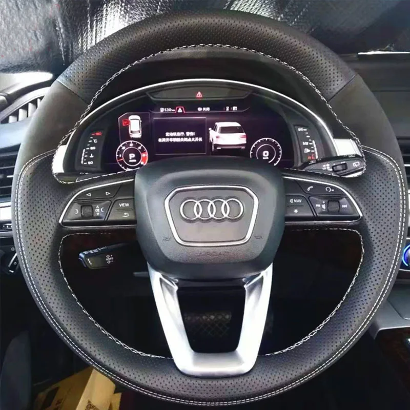 

For Audi Q5l Q7 Q3 Q8 A6L A7 A8 Hand-stitched Anti-Slip Suede Black Genuine Leather Car Steering Wheel Cover