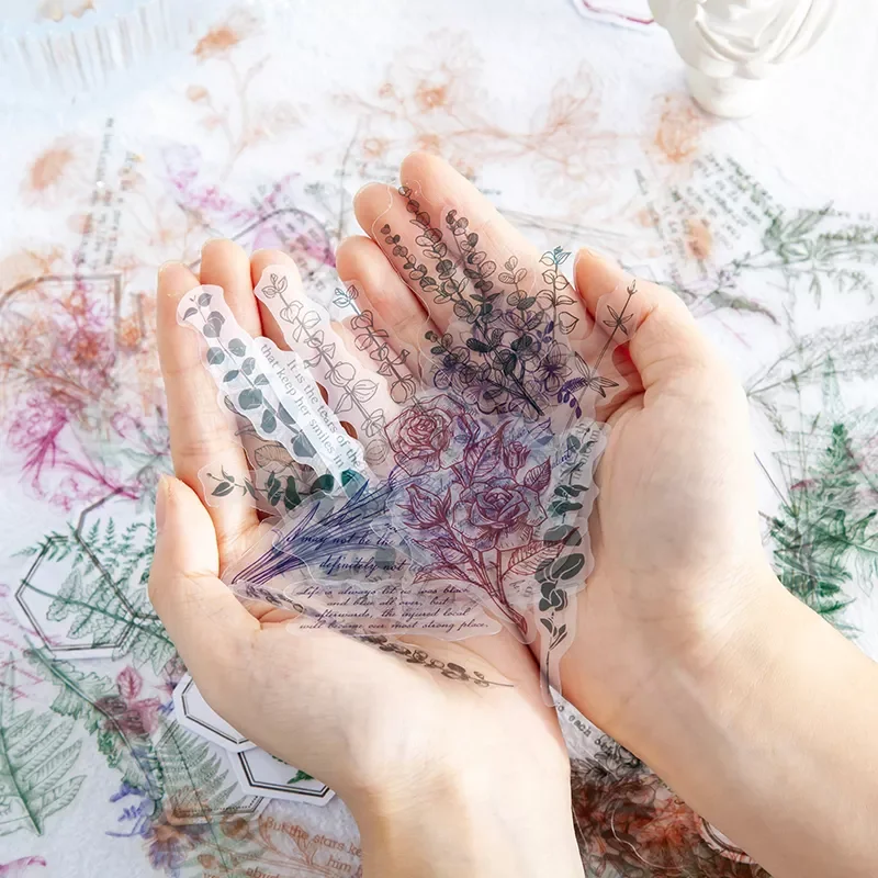 

40pcs Retro Plant English PET Deco Stickers Plant Flower Leaf Transparent Bullet Journaling Accessories Aesthetic Stickers