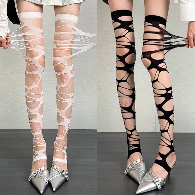 Женские колготки в стиле панк с рваными ремнями