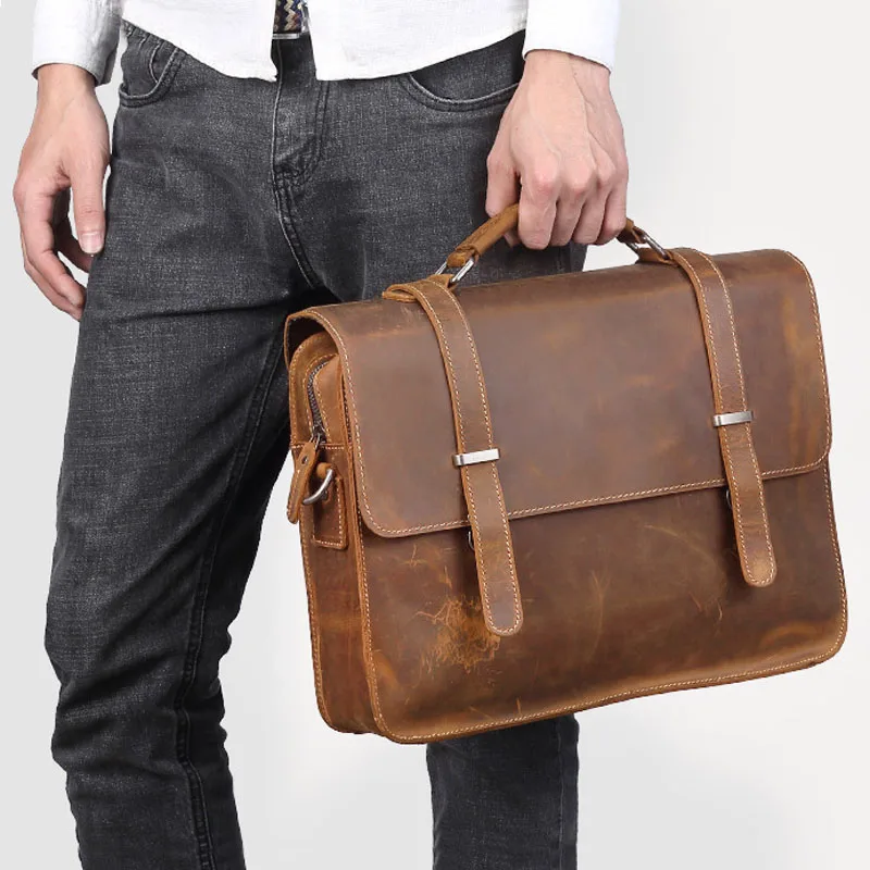 

AETOO Vintage leather men's bags Briefcases Casual business men's handbags 14 inch Crazy Horse leather shoulder computer bag