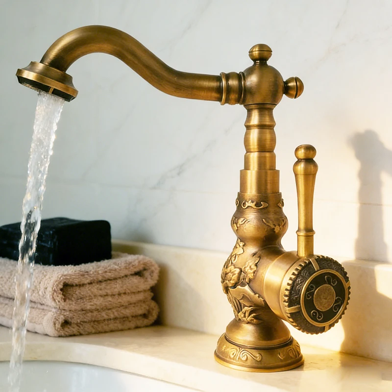 

Роскошный античный бронзовый медный смеситель для кухни с резьбой на палубе, смеситель для раковины в ванной комнате, смеситель для раковины, смеситель для горячей и холодной воды
