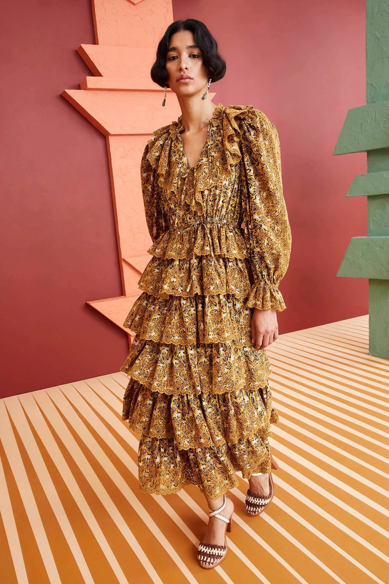 

Women Tierred Hollow Out Embroidery Multi-layer Ruffles Robe V-Neck Long Sleeve Midi Dress