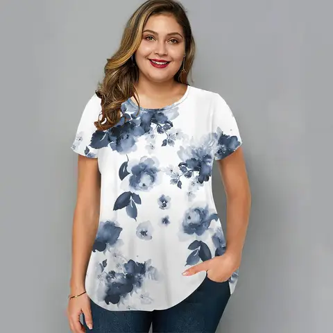 Plus Size Lady Clothing Summer 3d Flowers Bird Print Short-Sleeve Tops Fashion Loose Femalewear Street Women‘s Oversized T-shirt