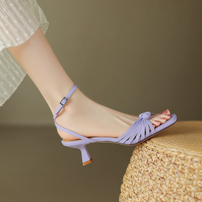 Women's Knotted Dress Sandals Square Toe Strappy Shoes Silver Beige Purple Kitten Heels