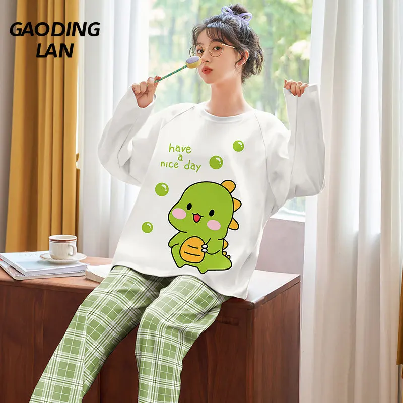 

GAODINGLAN Cartoon Dinosaur Print Long Sleeve Women Pajamas Set Round Neck Pullover Sleepwear Suit Autumn Winter Home Pyjamas