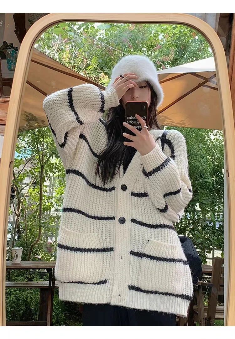 

Korean Mohair Long Sleeve Sweater Women's Autumn Winter 2023 New Gentle Stripe Loose V-neck Knitting Cardigan Coat X8185