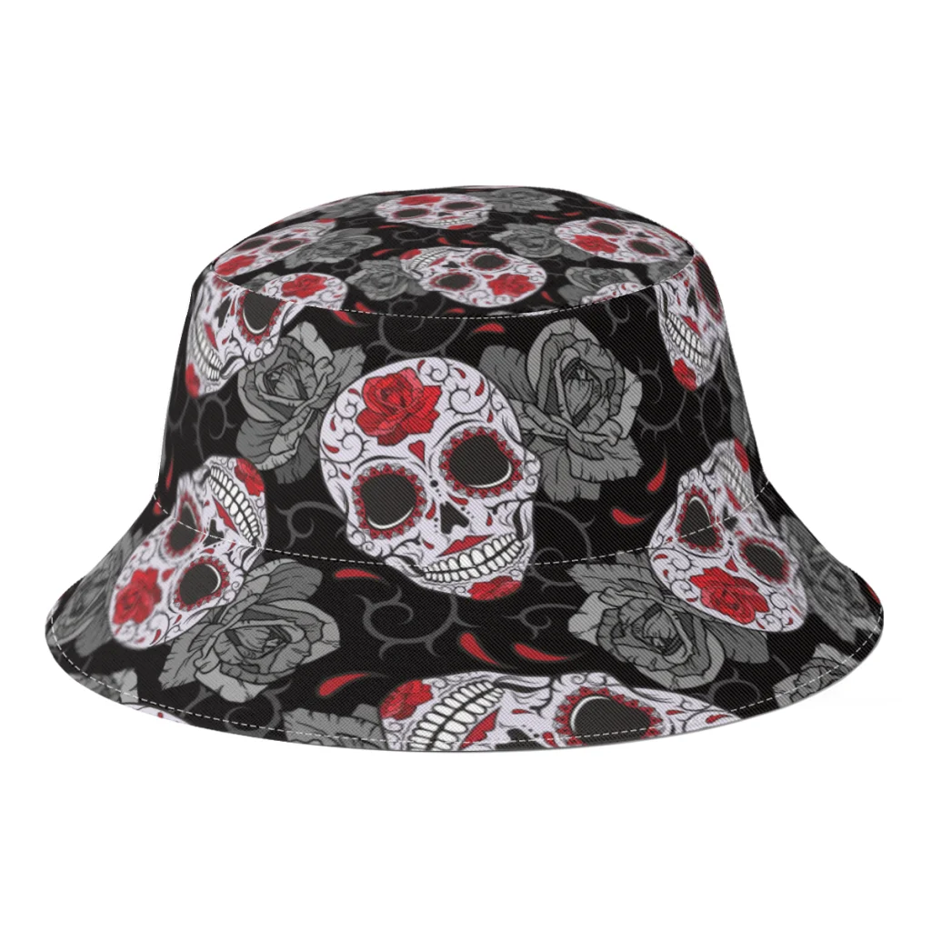 Spring Gothic Skull Roses Bucket Hats for Woman Man Hip Hop Halloween Fisherman Hats Fishing Gorros Panama