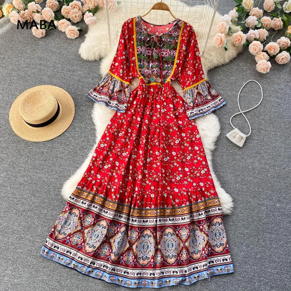 

Женское длинное платье в стиле бохо, этническое длинное платье из вискозы с круглым вырезом и расклешенными рукавами, свободное платье макс...