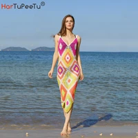 beach dress crochet women 2022 summer bikini cover ups irregular hem geometry colours block slip dress slim fit vestido mujer