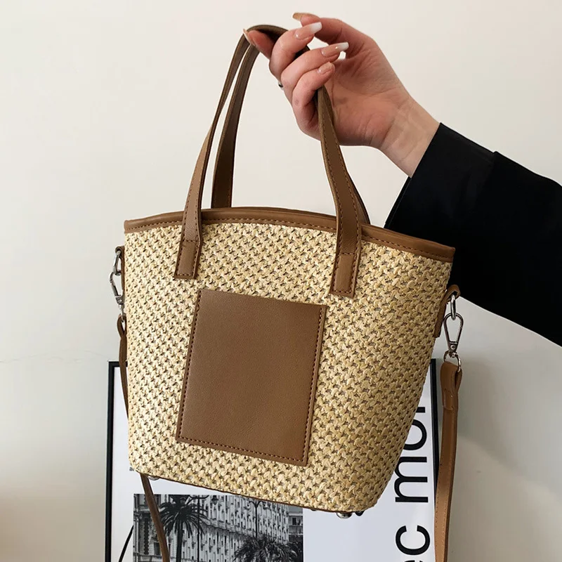 

Straw Bag For Women Summer New Contrast Color Women's Bags Trendy Rattan Shoulder Bag Travel Beach Bag Casual Shopping Totes