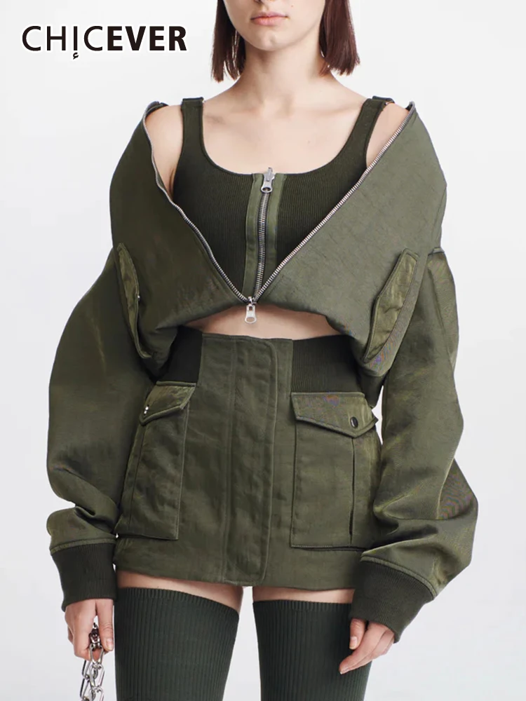 

CHICEVER, уличная мода, пальто для женщин, круглый вырез, длинный рукав, пэчворк, на молнии, Осенние, однотонные, повседневные, шикарные куртки для женщин, новинка