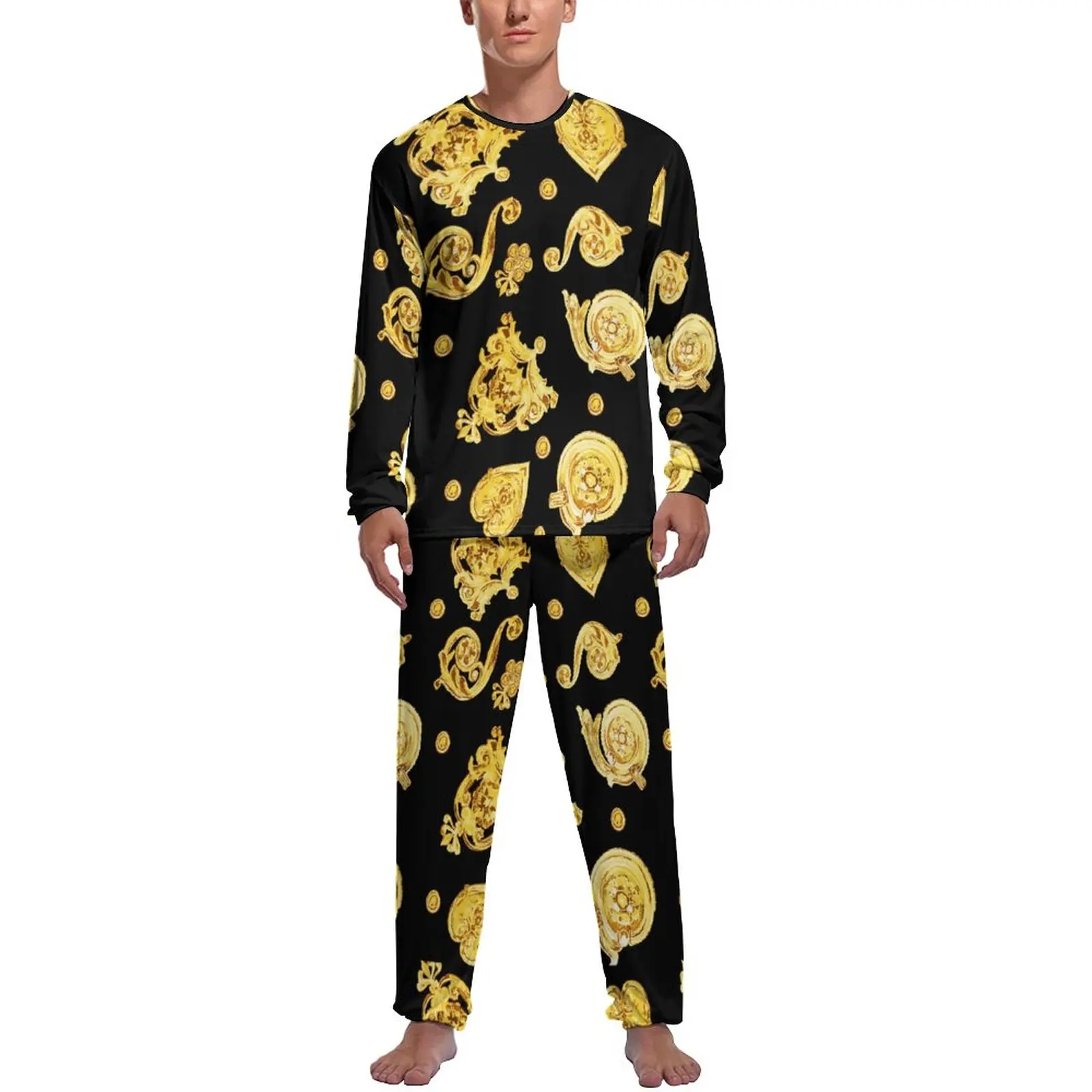 

Мужские золотые пижамы с металлическим принтом, осенние женские пижамы с длинным рукавом, комплект домашних пижам на заказ из 2 предметов