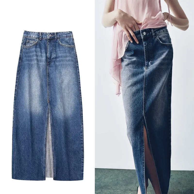 

TRAF Women Denim Skirt Vintage High Waist Lady Skirt Fashion Zipper Long Denim Skirt Autumn New Elegant Female Slit Long Skirt