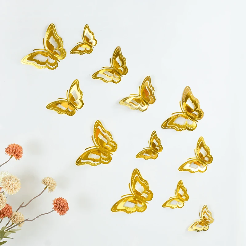 

12pcs 8-12cm 3D Hollow Butterfly Wall Sticker Rose Gold Silver DIY Art Mural Kids Room Home Decoration Fridge Wedding Wall Decal