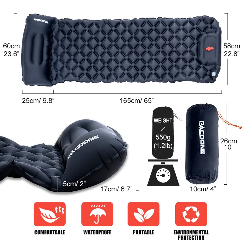 PACOONE Outdoor Camping Sleeping Pad Inflatable Mattress with Pillows Ultralight 2
