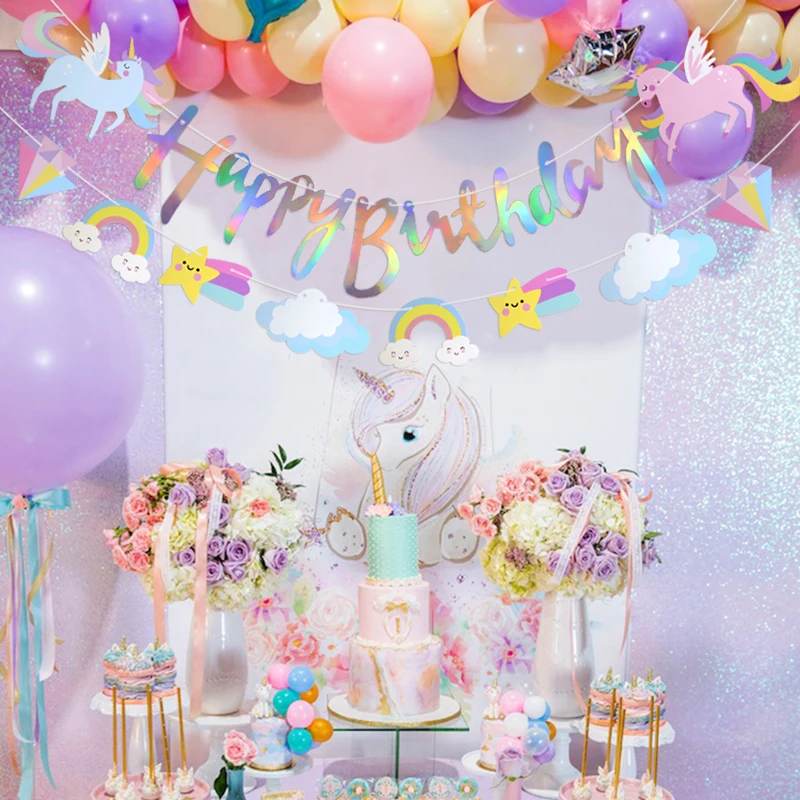

Happy Birthday Unicorn Theme Party Decoration Paper Banner Bunting Hanging Garland Ornament For Birthday Baby Shower Supplies