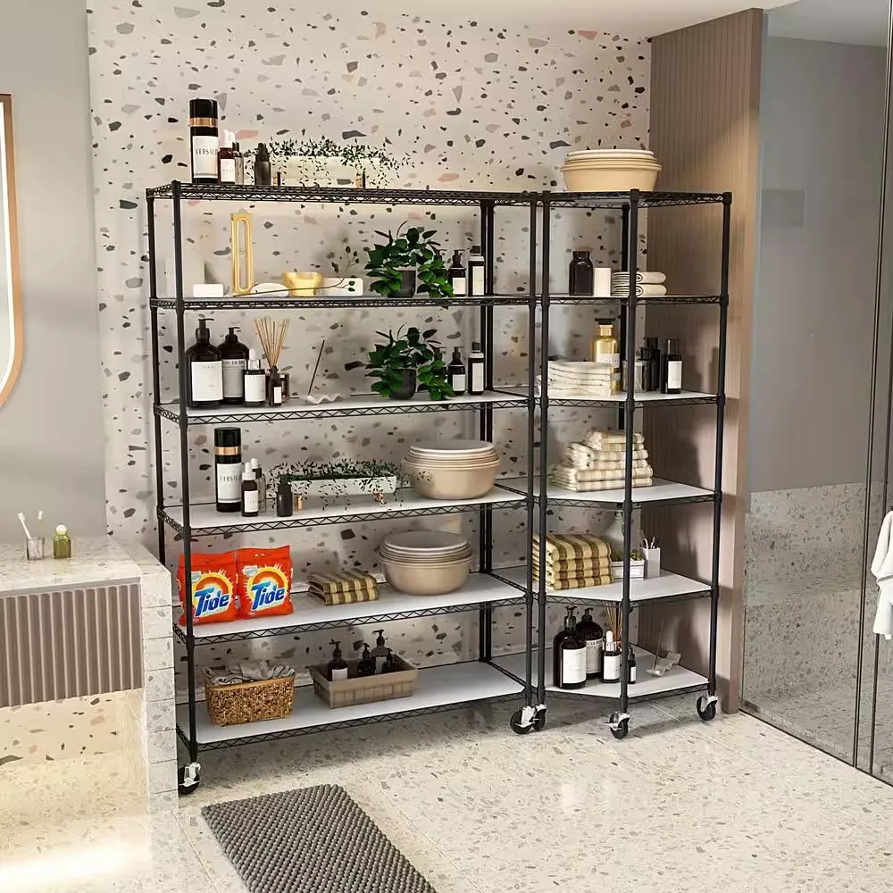 

6 Layers Pentagonal Metal Shelves with Wheels for Kitchen Storage Items, 27in.L*27in.W*82in.H-Black,Storage Rack