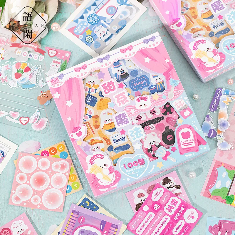 100sheets Goo Card Sticker Set Sweet  Cartoon Basic Hand Account and Paper Material Sticker  Kawaii Packaging