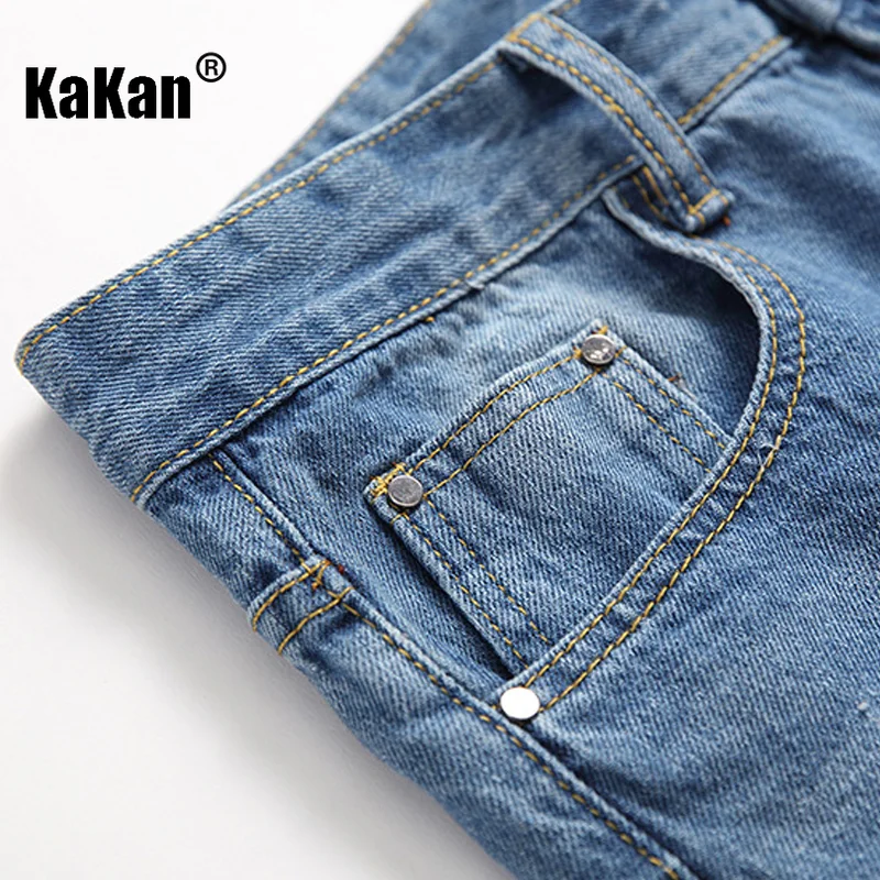 Kakan - New European and American Style Ripped Straight Leg Jeans for Men, Blue Distressed Washed Casual Jeans K36-339