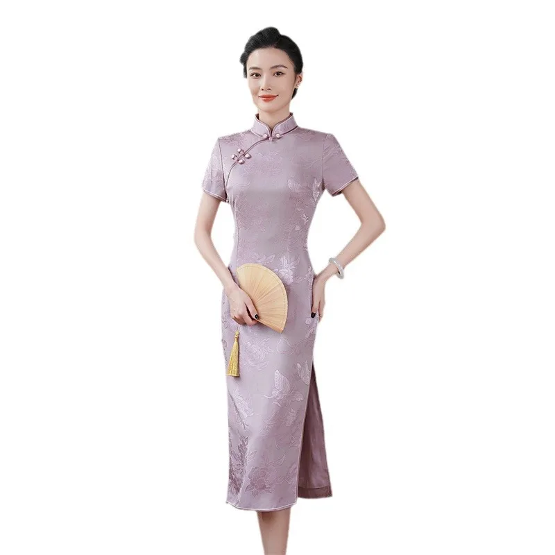 Высокое качество элитное платье Cheongsam Qipao из натурального шелка летнее женское 2024