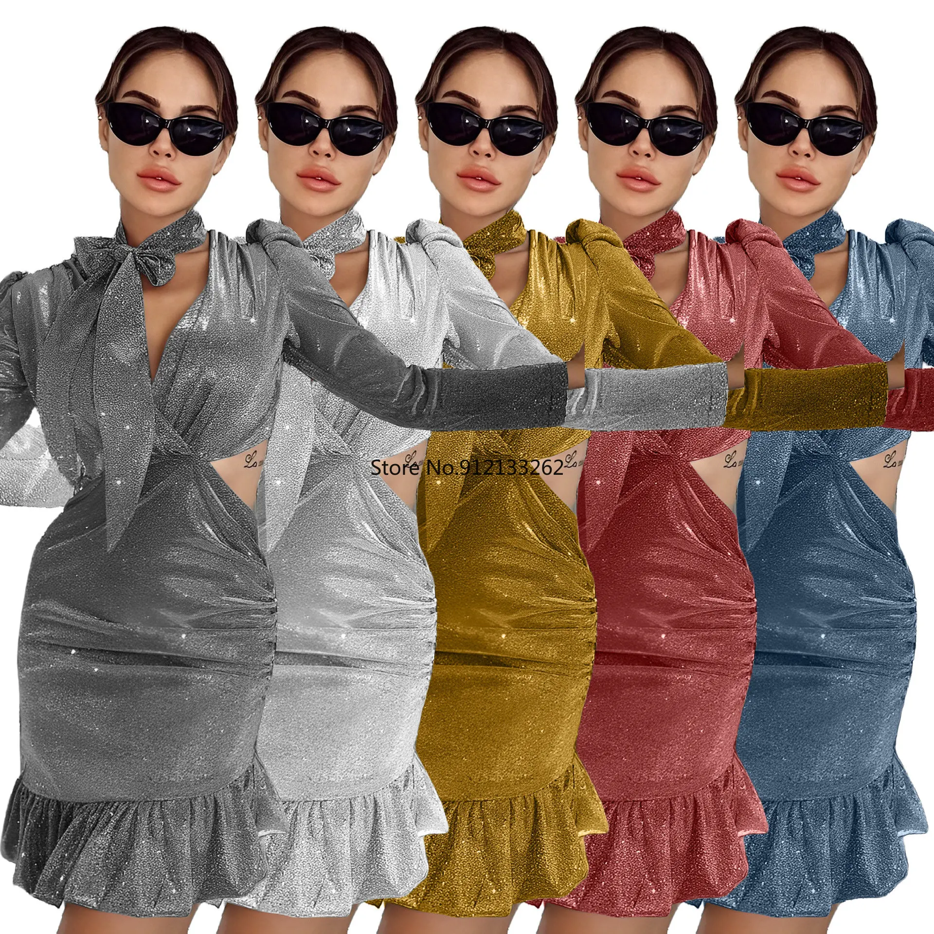 

2023 New Arrival Elegant Spring Summer African Women Long Sleeve V-neck Polyester Mini Dress Dashiki African Dresses for Women