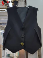 new flower button irregular short suit vest women streetwear 2022 autumn womens all match black vests coat female waistcoat