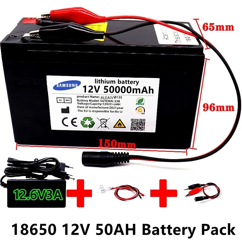 

12V 50Ah 50000mAh 18650 lithium battery pack built-in high current 30A BMS for sprayers, electric vehicle batterie+12.6V Charger