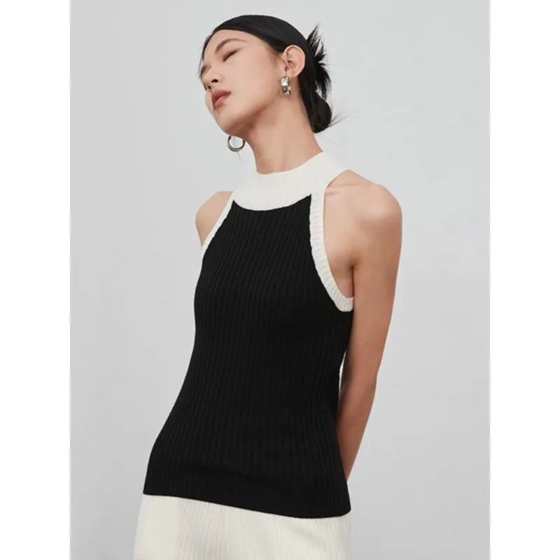 

Spring Summer Sleeveless Halter 32% Wool Tank Tops Women Round Neck Contrasting Color Knitted Top For Minimalist