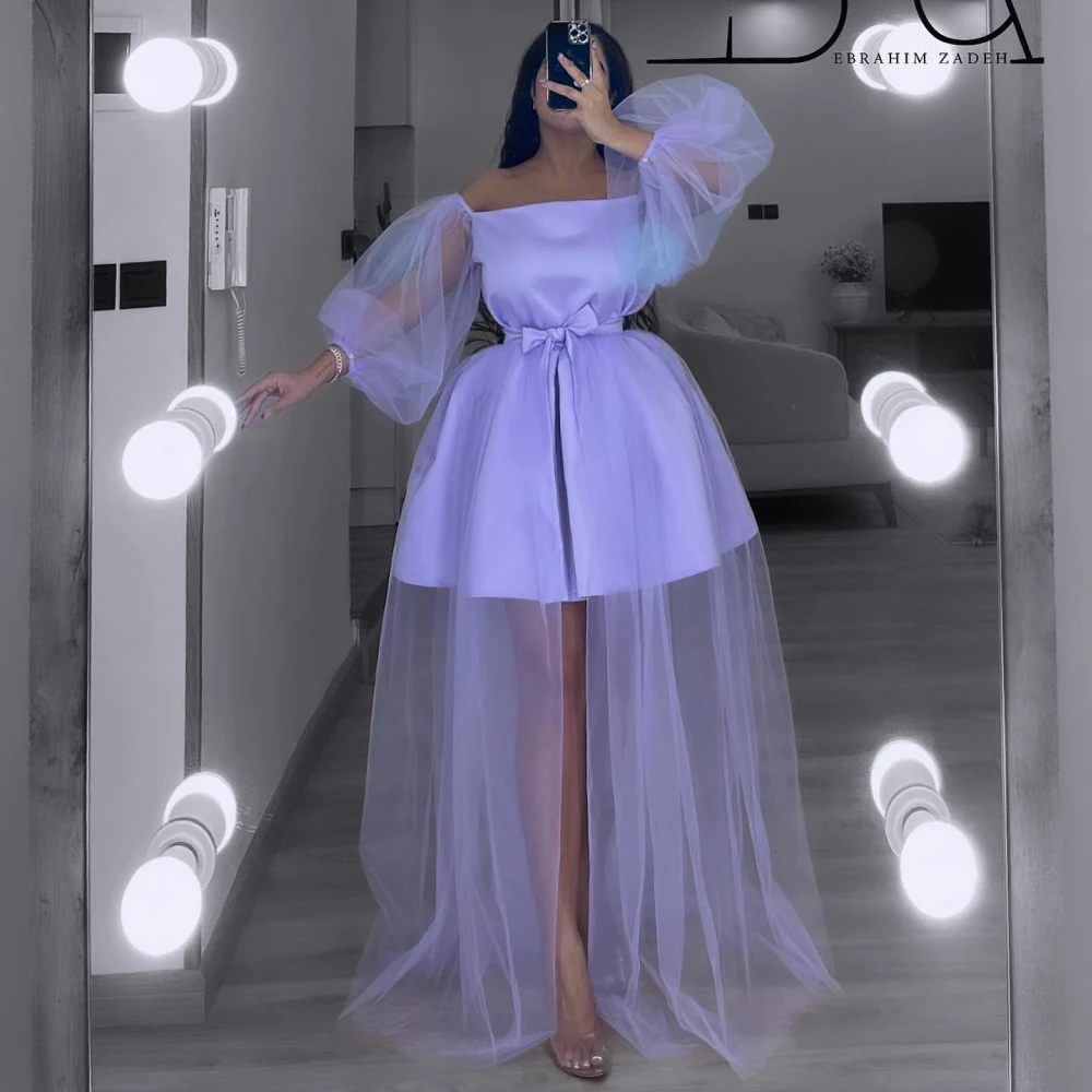 

Off Shoulder Prom Gown Elegant Mini Above Knee Length Occasion Dress Robe De Soirée Women Puffy Sleeves Evening Party Dress