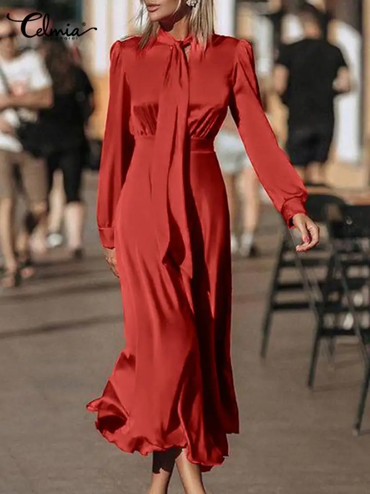 

Celmia Элегантное Атласное шелковое платье макси модное 2022 длинный сарафан с бантом женский халат с длинным рукавом Повседневное платье с зап...