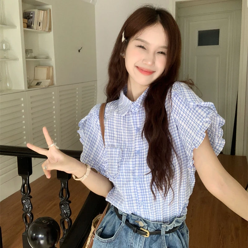 Рубашка женская в клетку милый свободный клетчатый топ с короткими рукавами и