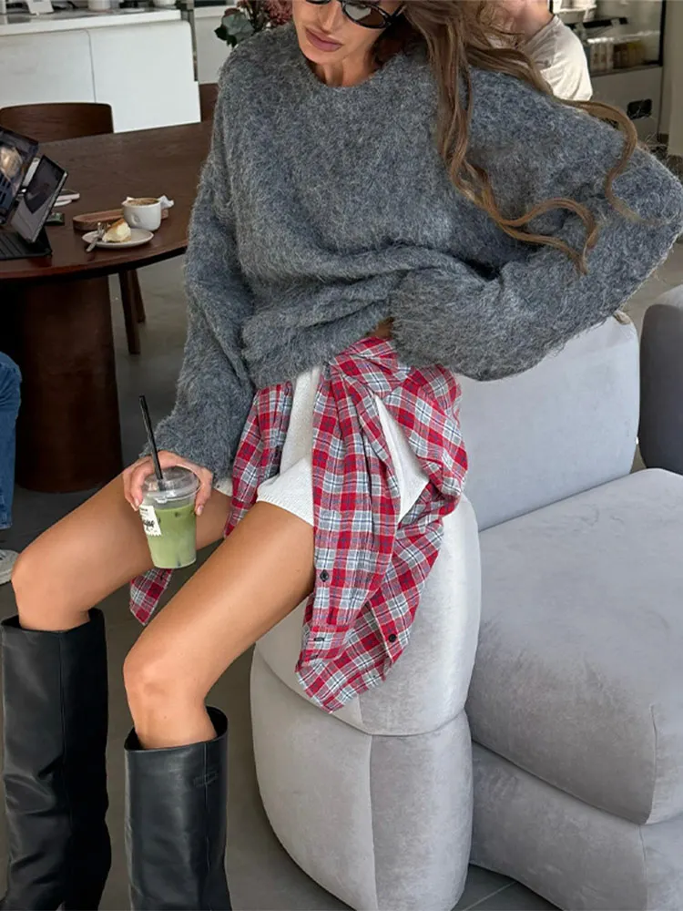 Элегантный темно-серый кашемировый свободный свитер из мохера женский африонный