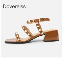 2022 summer women genuine leather brown square toe 5cm block heels chunky heels sandals thick heels ladies shoes 33 40