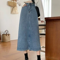 spring 2022 new korean style loose denim skirt a line skirt female high waist thin split mid length skirt cowboy harajuku
