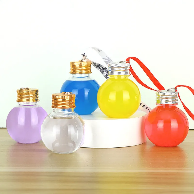 100pcs 50ml 1.7oz Alcohol Drink Bottle Christmas Festival Round Ornament Balls Festive Body Wash Bauble with Hanging Gold Lid