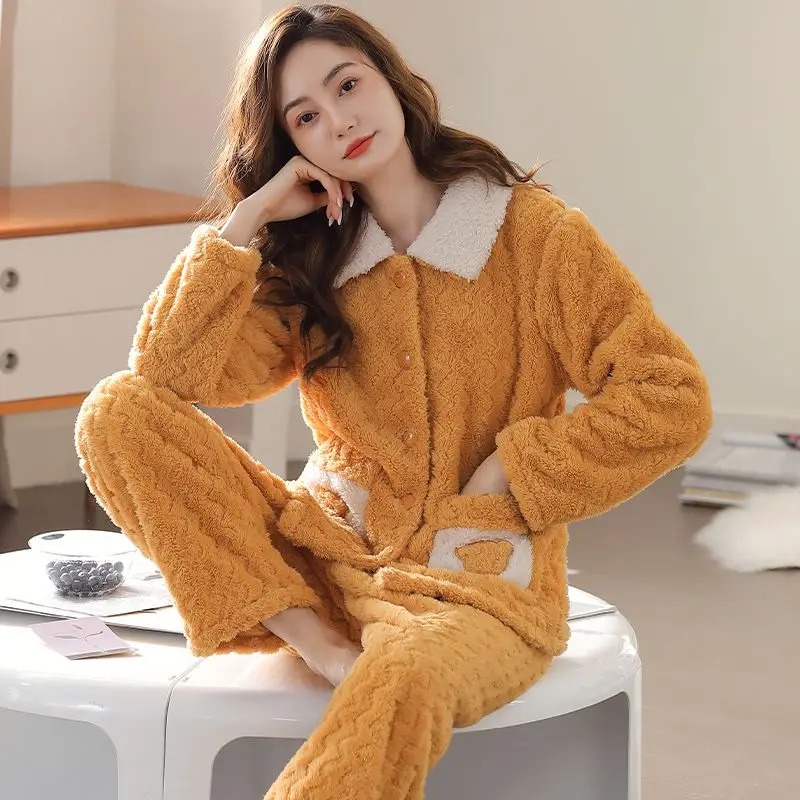 pajamas for women winter thicken warm long sleeve flannel nightwears woman two pieces sets sleepwear clothing female clothes