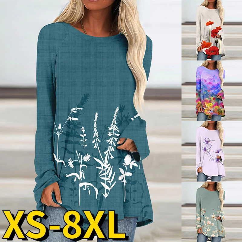 

Женский винтажный пуловер с длинным рукавом, Повседневная футболка с круглым вырезом и цветочным принтом, Осень-зима 2022