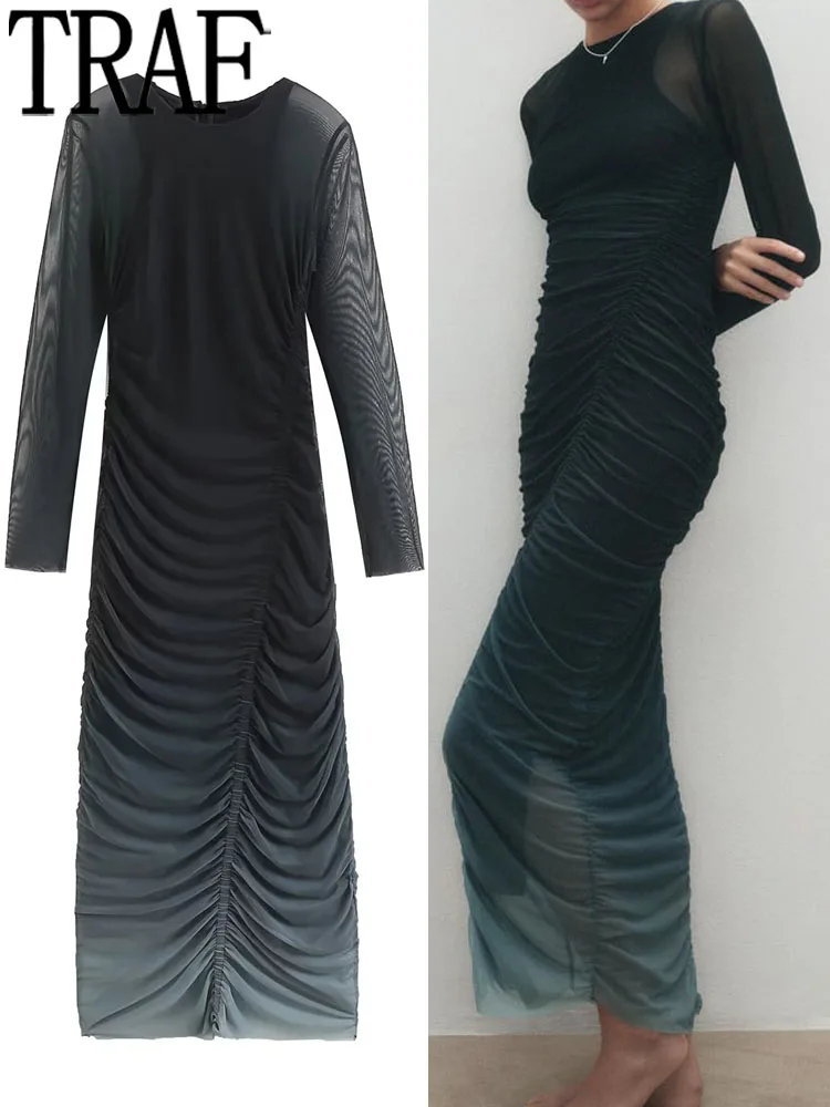 

TRAF Tulle Long Dress Women Print Mesh Dress Woman Ruched Elegant Bodycon Dresses For Women Semi Sheer Long Sleeve Midi Dresses