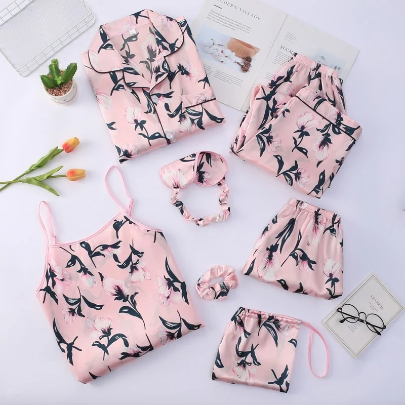 Silk Pajamas Women's Spring and Summer Long-sleeved Trousers Suspenders Shorts Seven-piece Set Women's Casual Sexy Home Wear