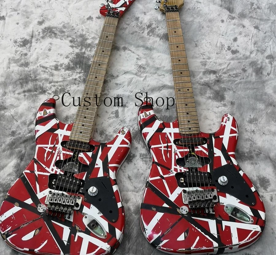 

Promotion! Heavy Relic Edward Van Halen ST / Kram 5150 Black White Stripe Red Electric Guitar Floyd Rose Tremolo, Alder Body