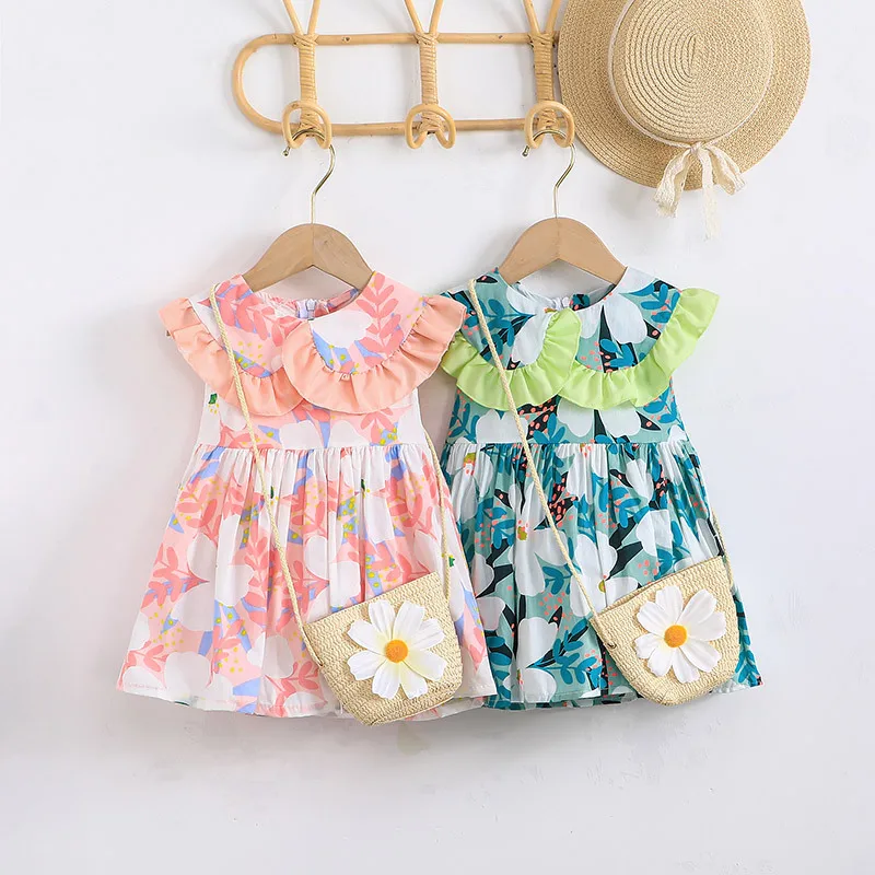 

Summer 2023 New Arrivals Girls Sleeveless O Neck Ruffles Print Floral Pink Infantil Menina Cute Party Dress Custume 0-2T