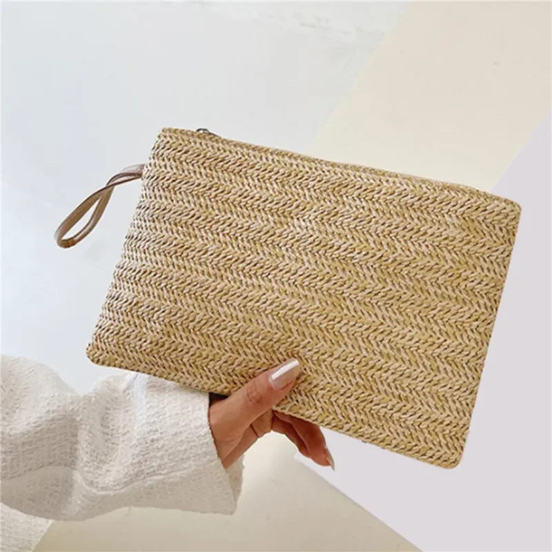 

Women Coin Weaving Woven Purse Bag Straw Solid Ladies Fashion Phone Clutch Holder Daily Wallet Card Wristlet Clutch Beach Money