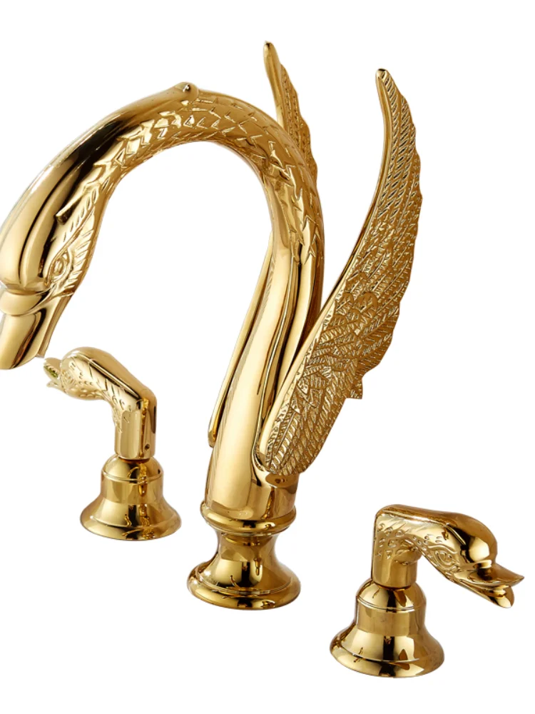 

Golden Swan Faucets 2 Handles Soild Brass Gold Finish Faucet Bathroom Three Hole Wash Basin Tap Mixer for Bath Basin Tub AU892