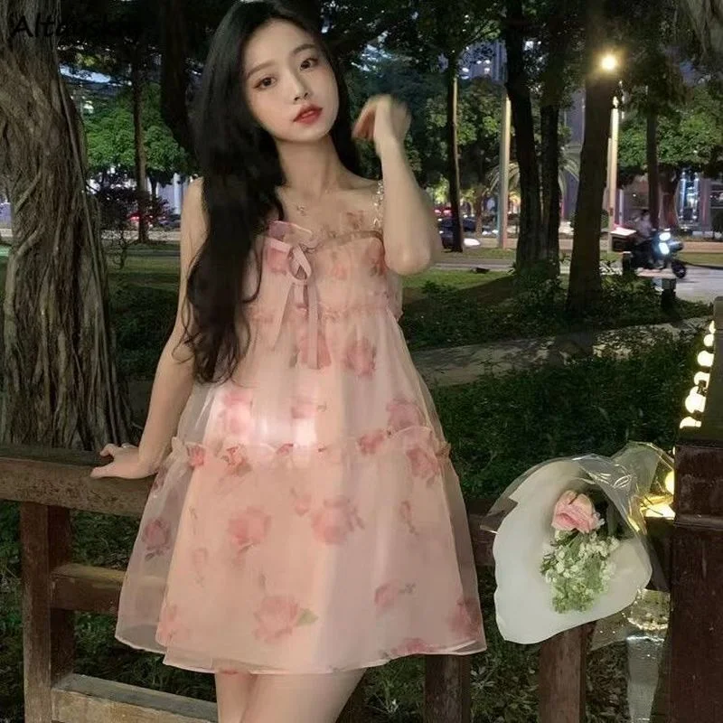 

Dress Women Print Summer Cozy Leisure Sleeveless High Waist Sweet Cute Students Girl Fashion All-match Streetwear Office Lady