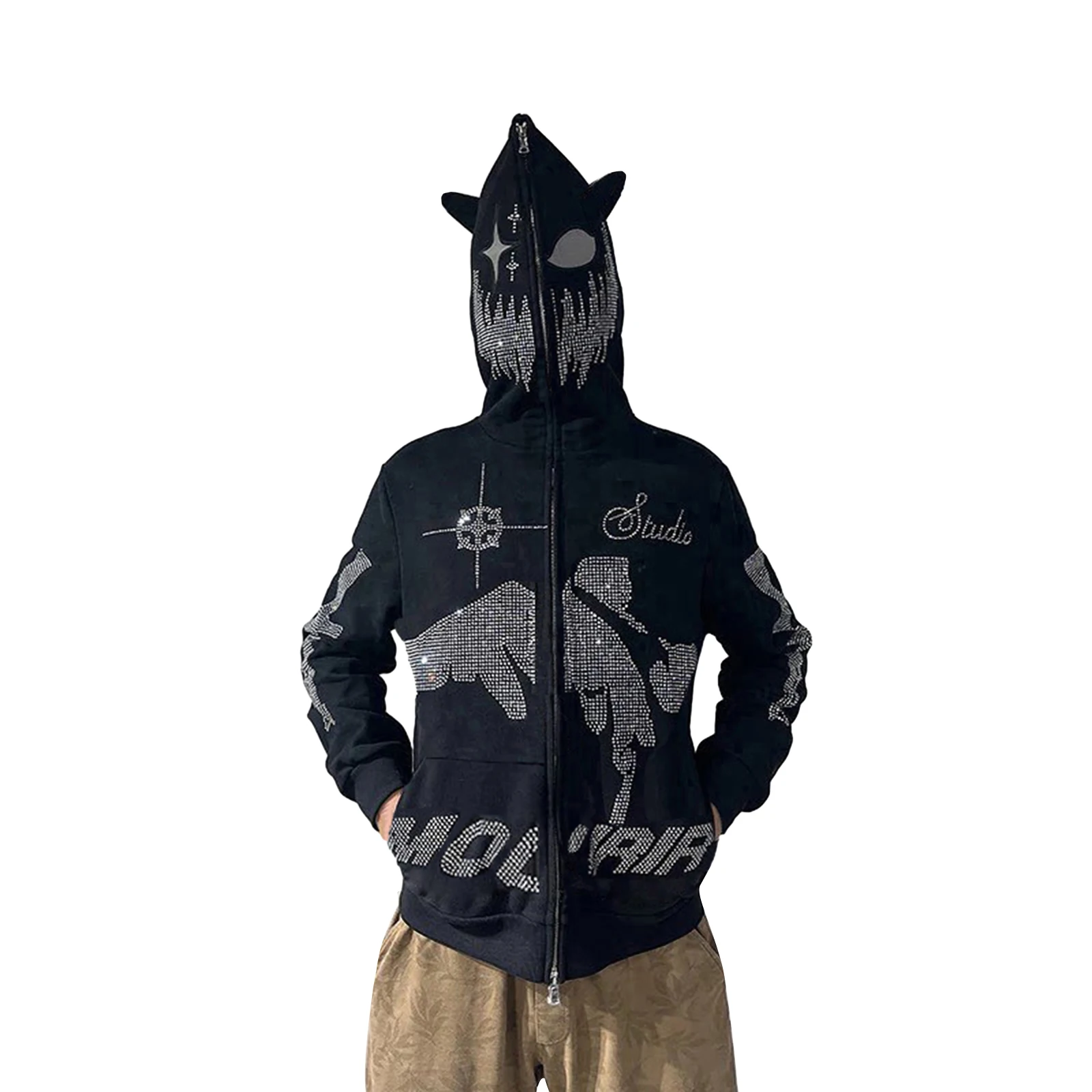 

2023 New Women Full Zip Hoodies Rhinestone Letter Print Casual Long Sleeve Sweatshirt Jacket with Pocket for Autumn Streetwear