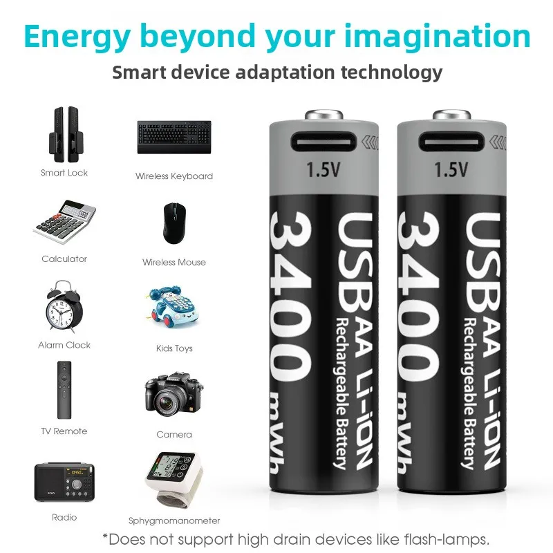 Фото Литий-ионный перезаряжаемый аккумулятор USB 1.5V AA 3400mWh для смарт-замков, микрофонов, фонариков, будильников, камер №4