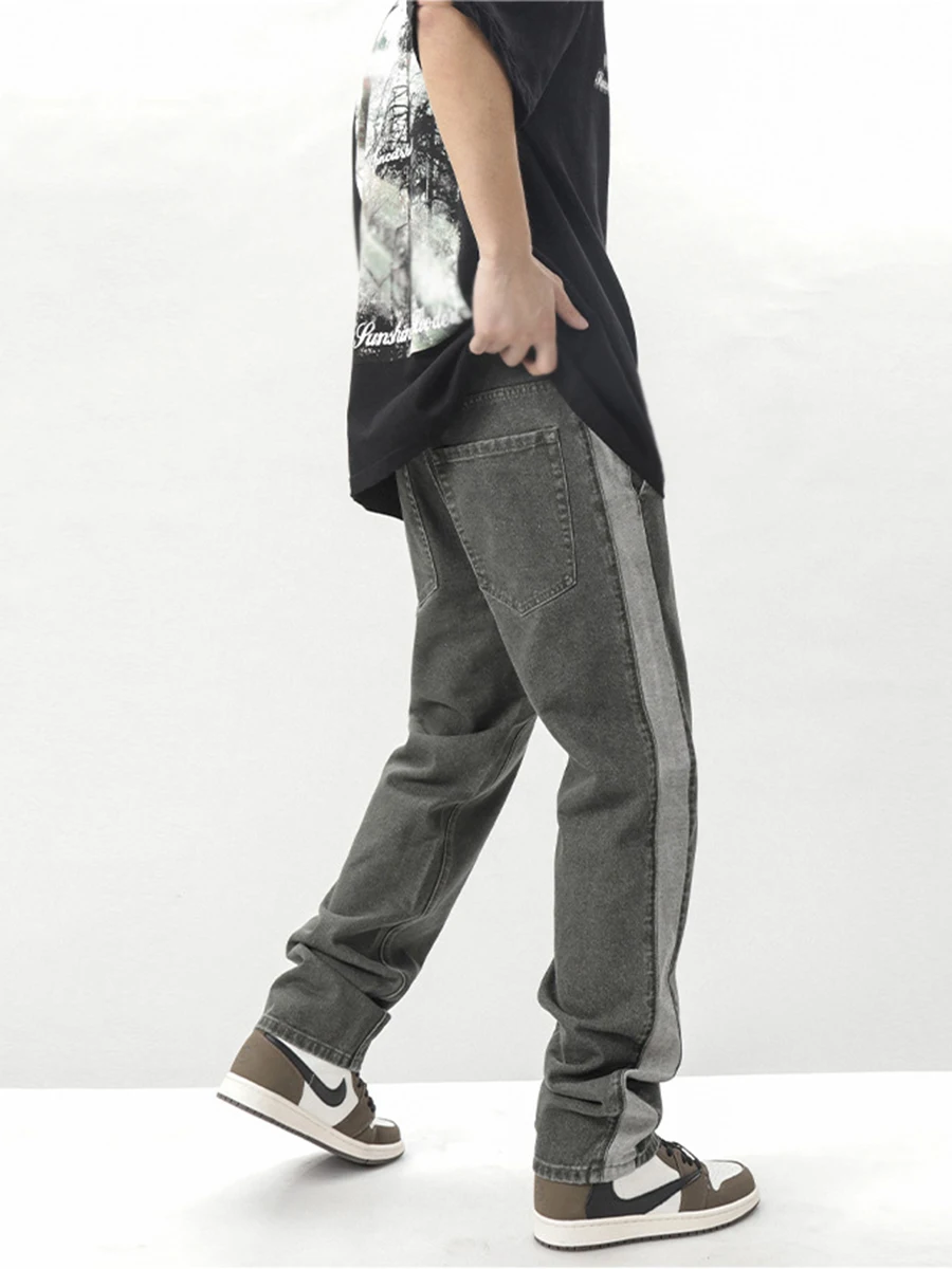 4 Colors Loose Jeans Men's Fashion Casual Wide Leg Pants Street Loose Hip Hop Straight Pants Hip Hop Patchwork Pants Streetwear